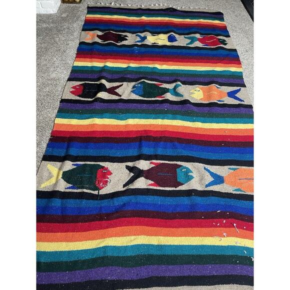 Vintage Native American Blanket 75in X 40in Fish & Colorful Rainbow Throw Rug - Picture 1 of 8